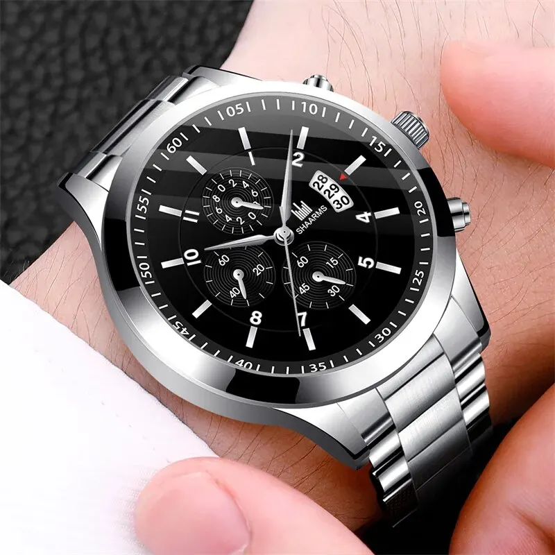 Fashion Mens Stainless Steel Watches Luxury Quartz Wristwatch Calendar Clock Men Business Casual Watch Bracelet Set Reloj Hombre