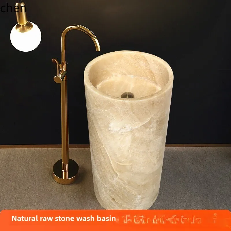 

HTT column basin integrated floor-to-ceiling stone wash basin Chinese balcony natural marble vertical simple wash basin round