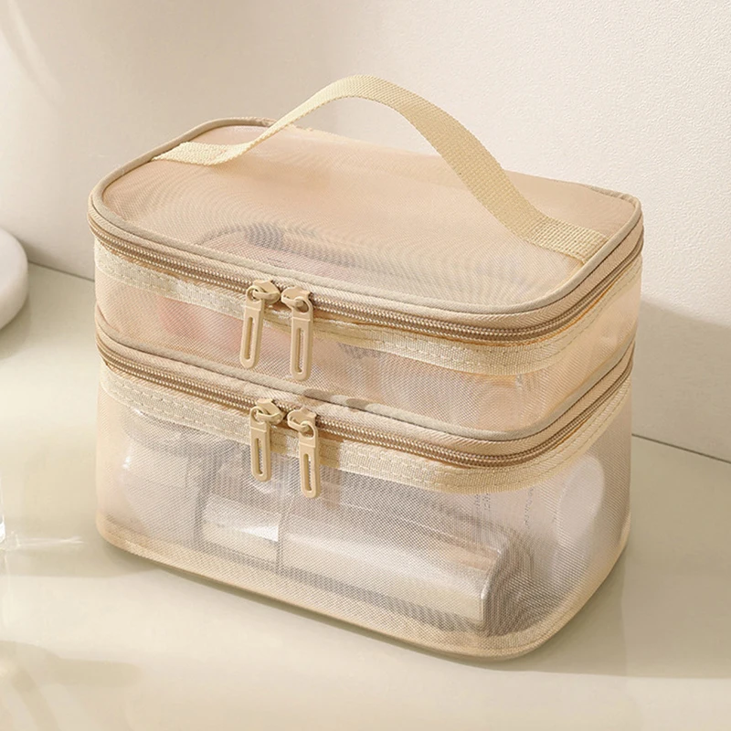 1Pc Mesh Makeup Bag Travel Cosmetics Storage Bag Travel Portable Large Capacity Double Layer Transparent Mesh Zipper Wash Bag