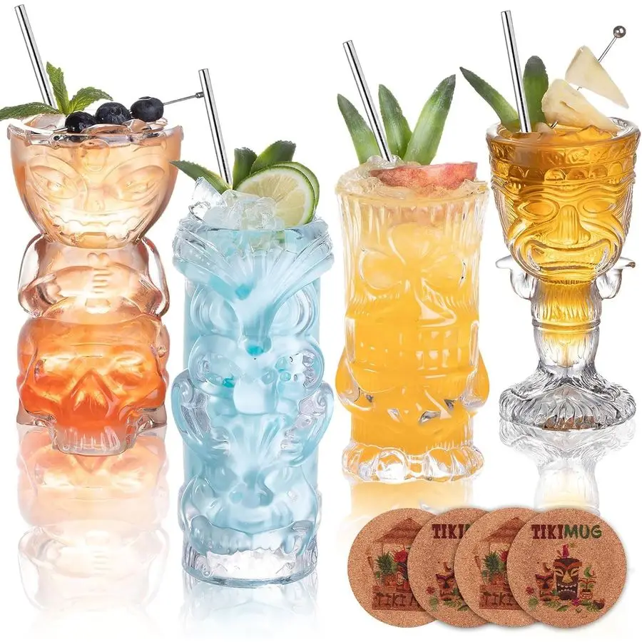 

Tiki Glasses Set of 4 Exotic Tropical Cocktail Glasses with Straws and Coasters,Hawaiian Style Tiki Mugs for cocktails,Mai Tai,