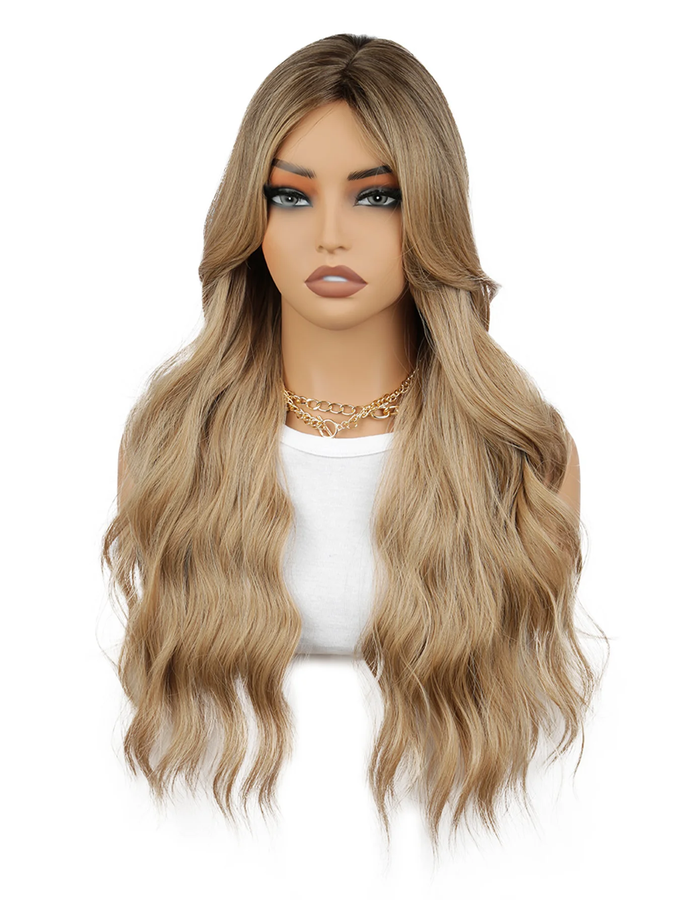 شعر صناعي طويل مموج ذهبي بني، شعر مستعار عالي الجودة 26 بوصة للنساء، يستخدم للاستخدام اليومي والكوسبلاي وعيد الميلاد وما إلى ذلك.
