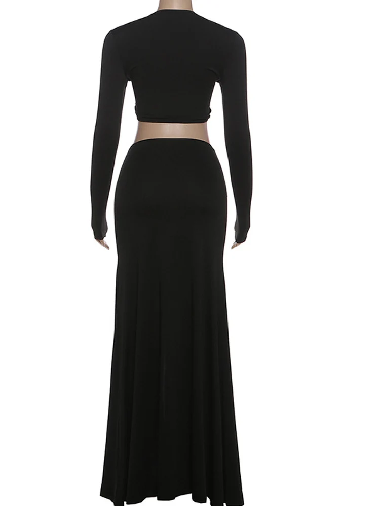 Kricesseen Sexy Women's Hollow Out 2 Piece Outfit New Long Sleeve Cut Out Crop Top & High Slit Maxi Skirt Set Clubwear