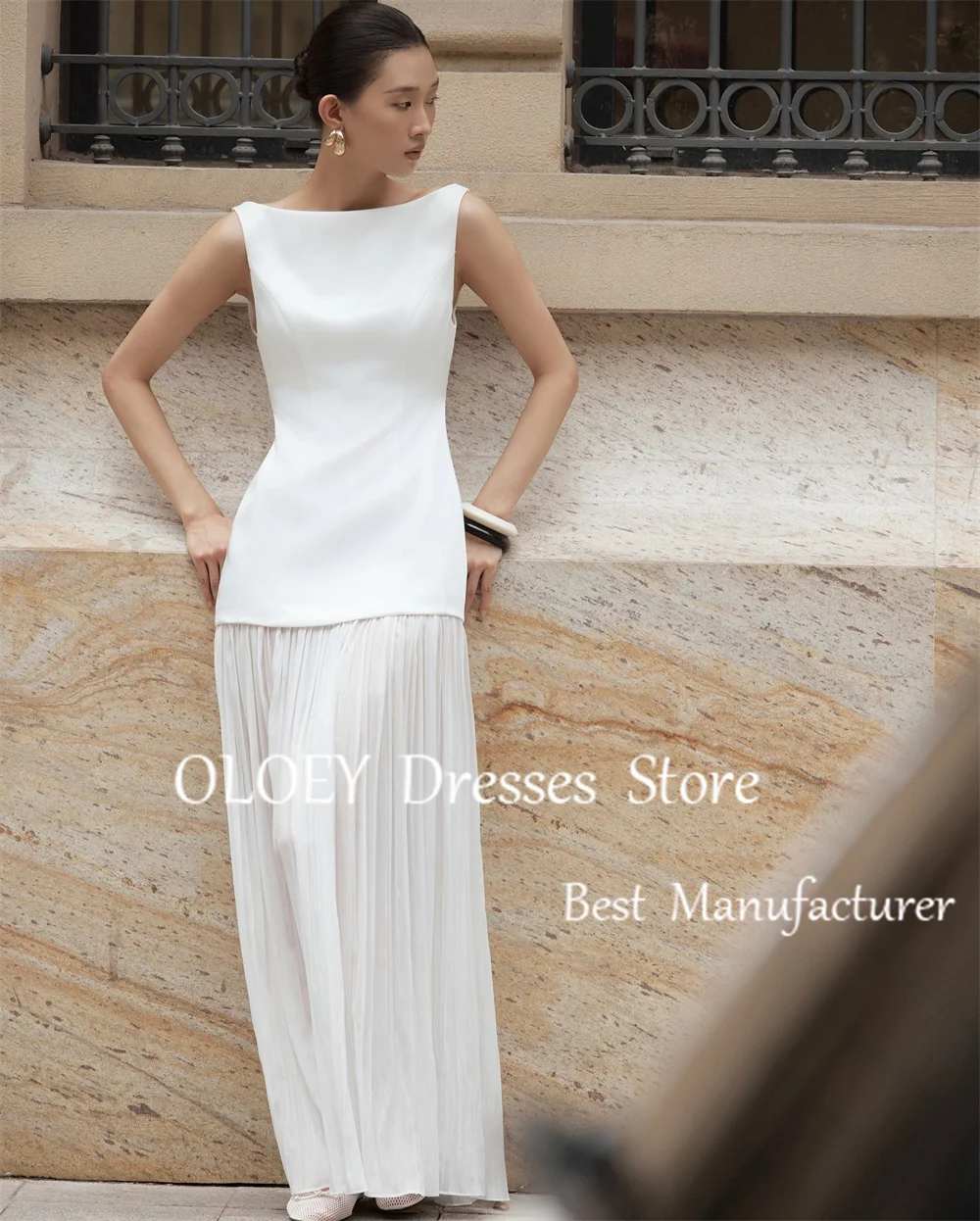 OLOEY Elegant Ivory Long Wedding Dress Boat Neck Sleeveless Satin Tulle Bridal Gown 2025 New Zipper Back Custom Made