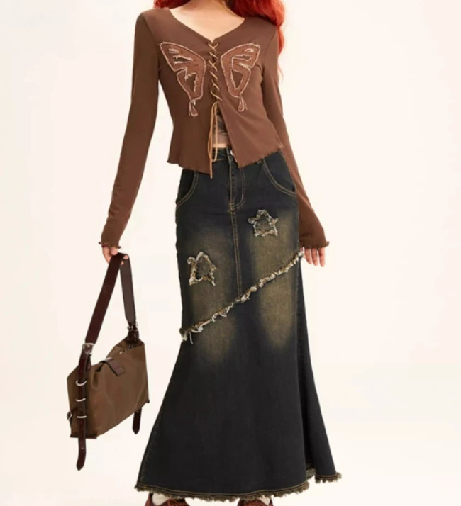 レディース秋アメリカンヴィンテージセクシーなブルーフィッシュテールデニムスカート多用途年齢軽減スリムレジャーハイウエスト個性スカート