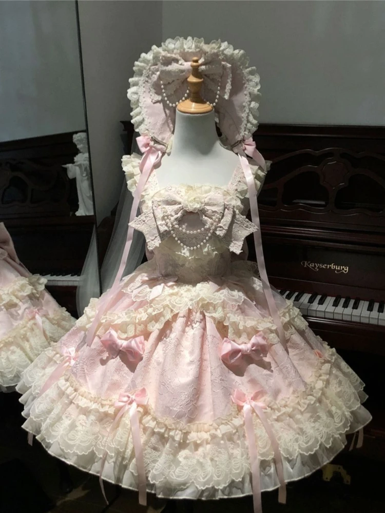 

Праздничное японское винтажное ретро-платье Лолита без рукавов с милыми бретелями-помпонами для послеобеденного чаепития, косплей-костюм, лето 2026