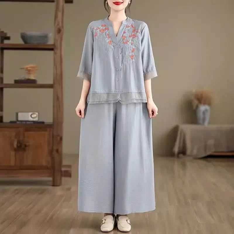 Retro Ramie Stand Collar Embroidered Top + Wide Leg Pants 2 Piece Set Ethnic Style Popular Clothes Women's Versatile Outfit K843