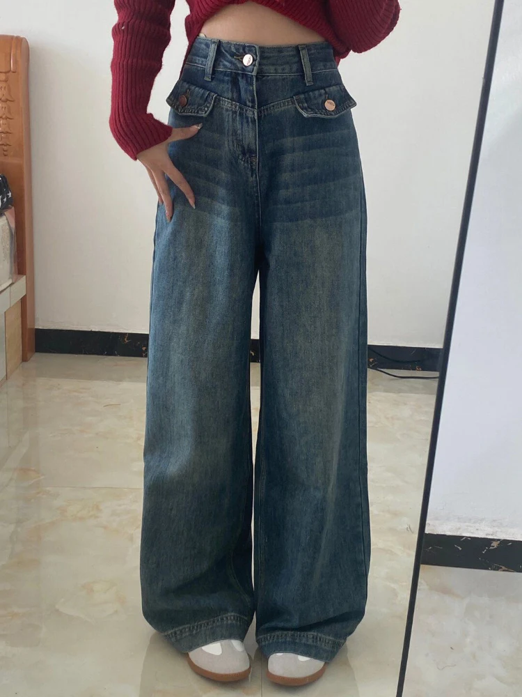 Jean rétro américain à jambes larges pour femmes, pantalon d'été fin, ample, amincissant, taille haute, Long