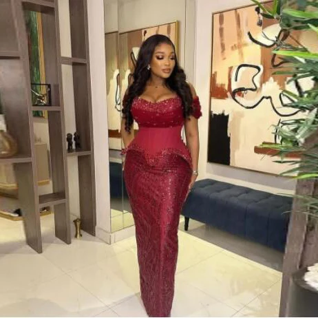 Burgundy Off The Shoulder Prom Dresses Sequined Lace Sheath Evening Gowns Aso Ebi Style Women Formal Occasion Party Dress