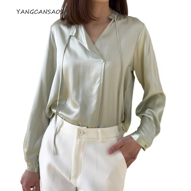2025 ropa de otoño de moda para mujer 100% seda de morera Natural satén cuello alto cuello en V manga larga Jiangnan camisas verdes agua