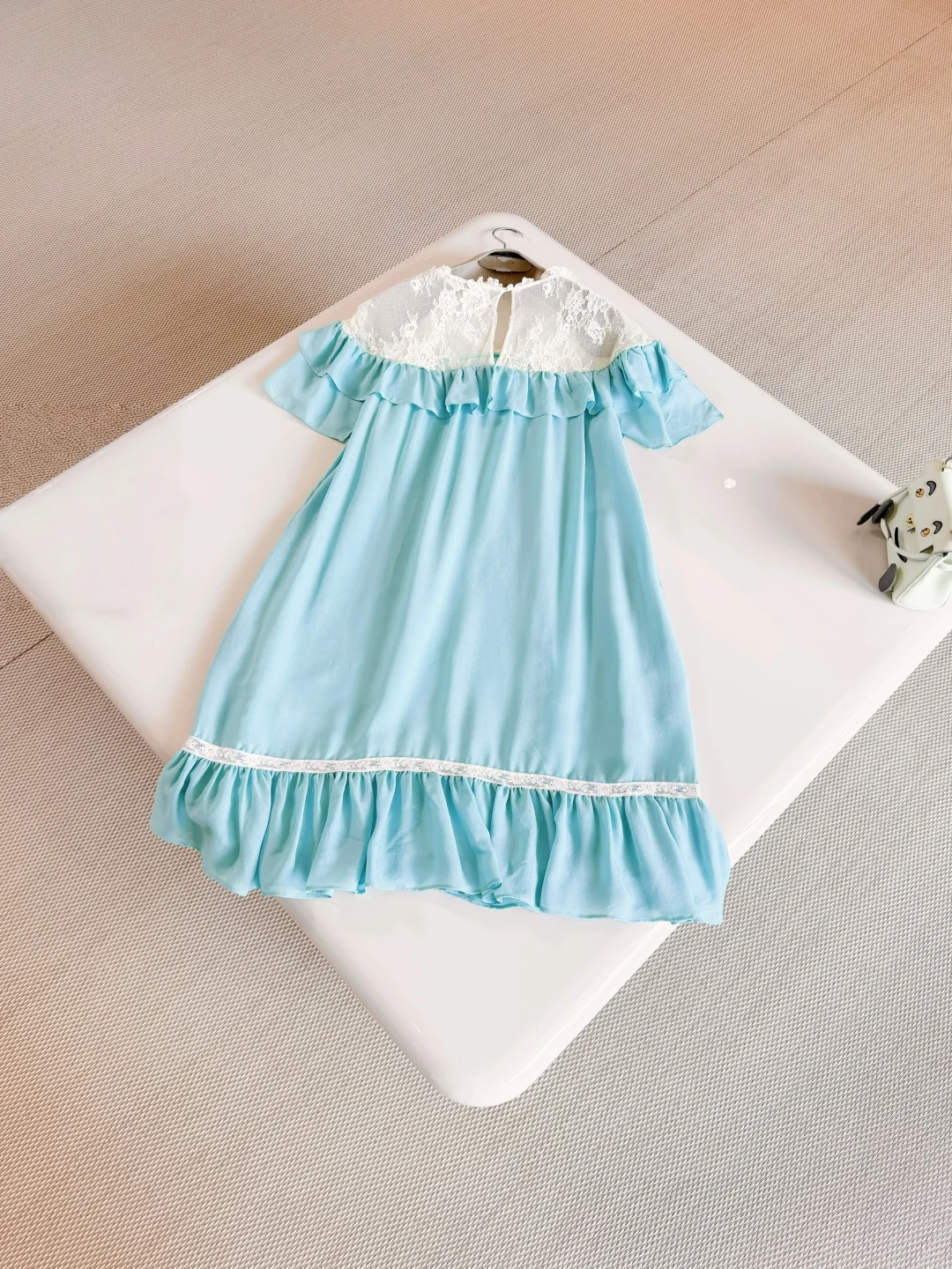 Women French Elegance Mint Green Silk Dress V-Neck Lace Ruffle Splicing A-Line Swing Dress Summer Romantic