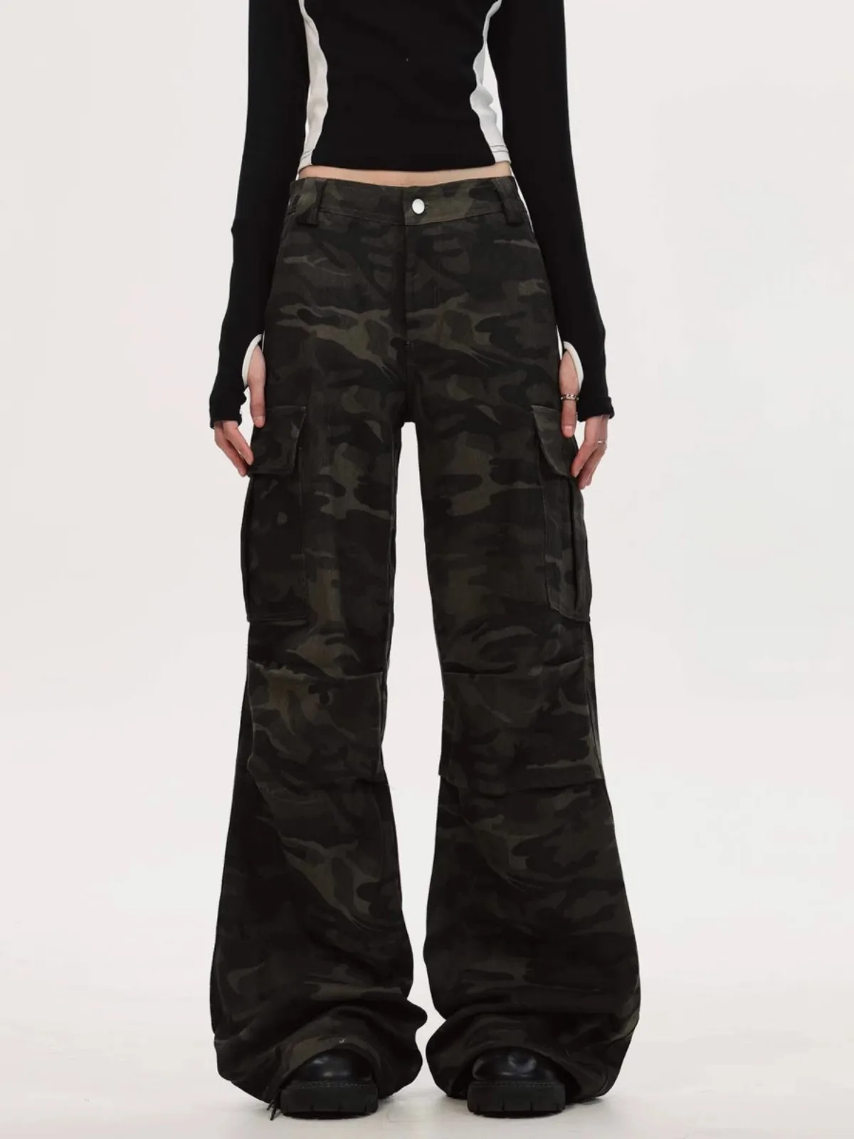 

American Retro Jeans for Women Camouflage Casual Pants Autumn New Fashion Female High Waist Wide Leg Trousers