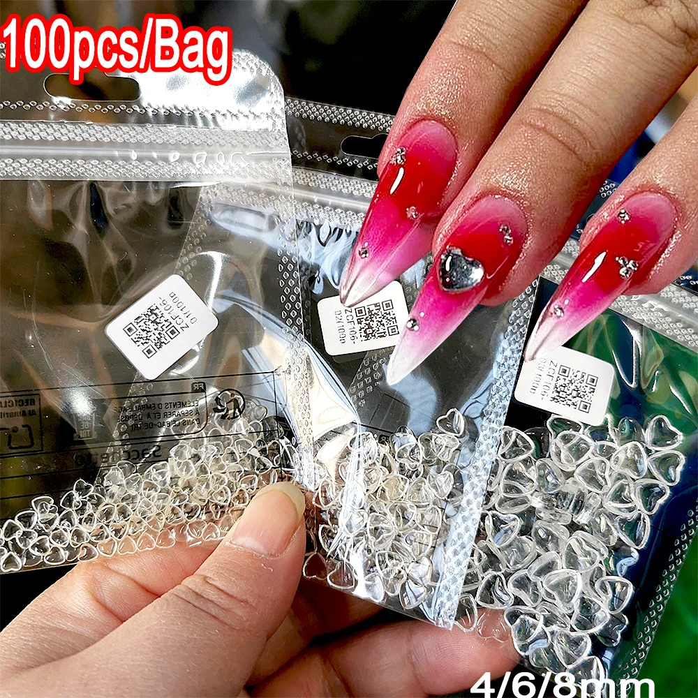 100 STKS 3D Clear Liefde Hart Nail Art Charms Leuke 4/6/8mm Transparante Plaksteen Hars Hart nagel Decoraties DIY Valentijn NailPart