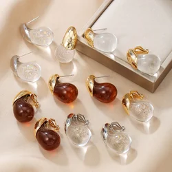 New arrivals Vintage Resin Teardrop Clip on Earrings for Women Metal Splicing Fashion Luxury Ear Stud Charm Jewelry Gift Banquet