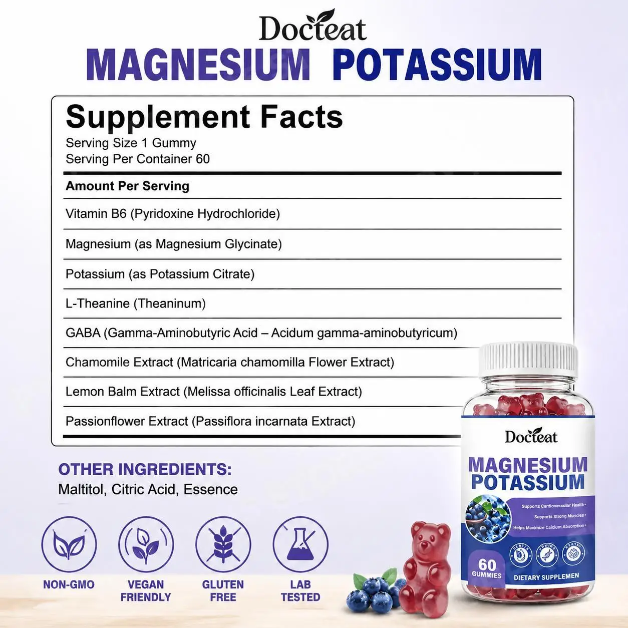 Docteat Magnesium Potassium Gummies for Relaxation and Calm Support with GABA L-Theanine Vitamin B6 Chamomile, 60 Gummies