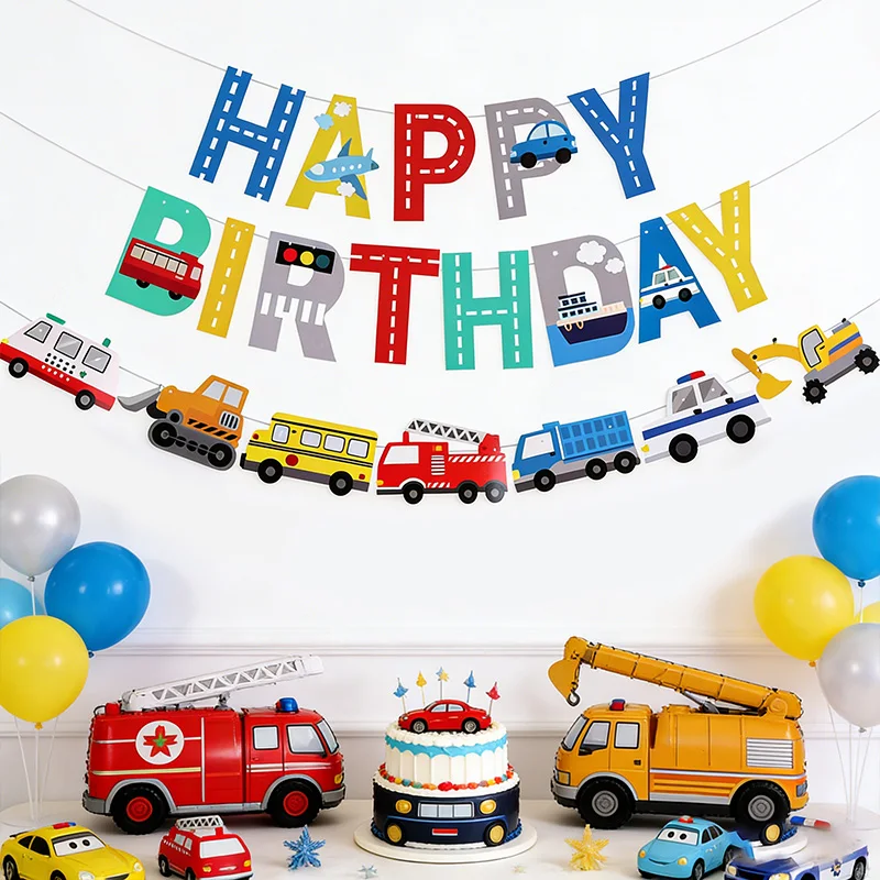 מכונית מצוירת באנר יום הולדת שמח לילדים בנים רכב בנייה זר קישוט מסיבת יום הולדת טובות אביזרי מקלחת לתינוק