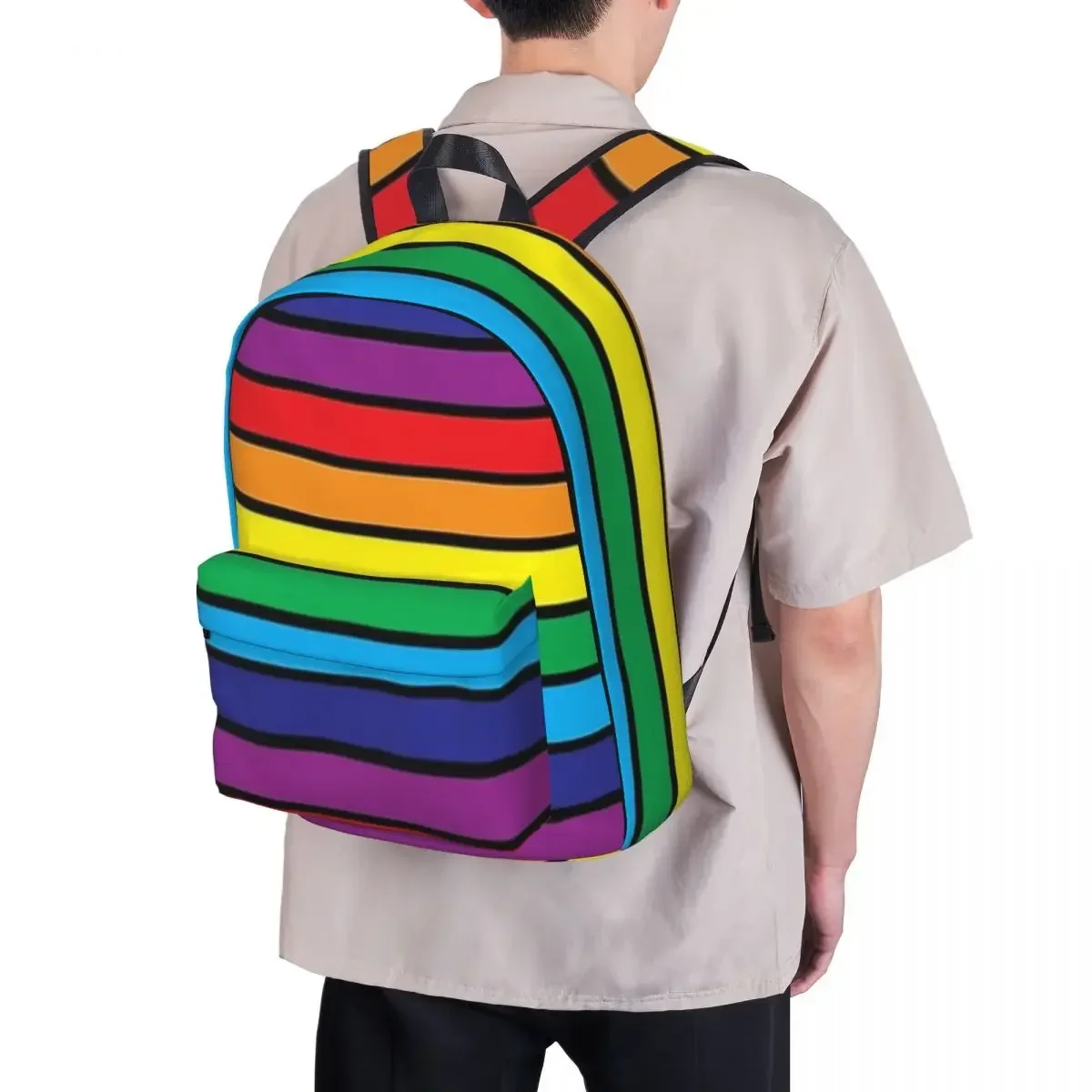 Regenbogen-Streifen auf schwarzen Damen-Rucksäcken für Jungen und Mädchen, Büchertasche, wasserdicht, für Studenten, Schultaschen, tragbar, Reiserucksack, Schulter