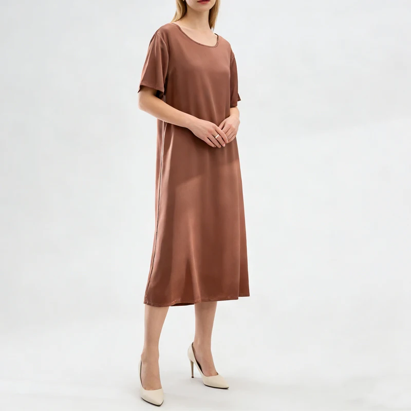 Damen-Sommerkleid im sanften Stil, 92 % natürliche Maulbeerseide, elastisches Doppel-Satin-Kleid, Temperament, einfarbig, vielseitiger langer Rock