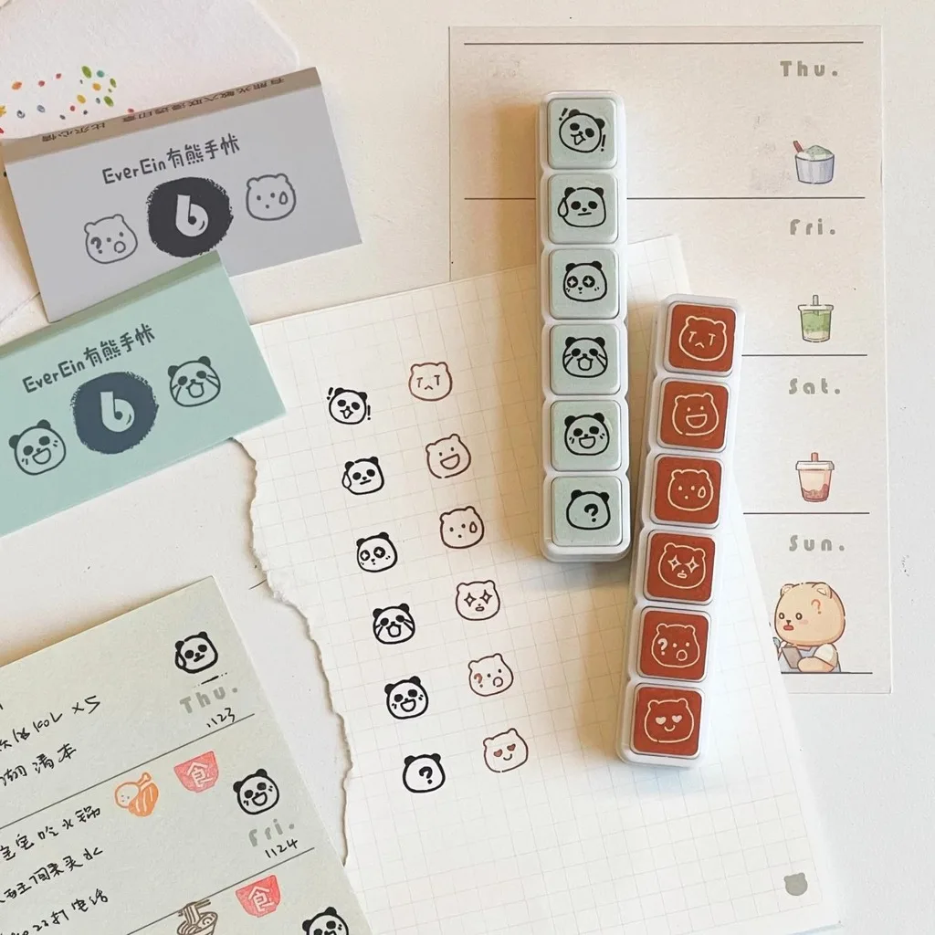 6-in-1 Pre-inked Plastic Stamps Cute Pattern for Journal Scrapbooking DIY Decoration Daily Mood Food Record Back To School Gifts