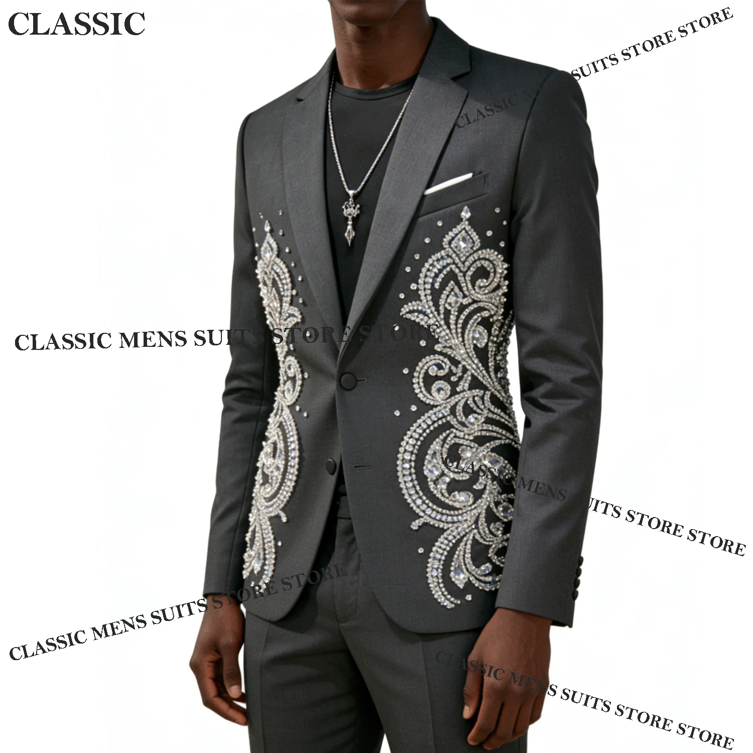 

Wedding Tuxedos hombre Coat Style Men Suit 2Piece Sets Groom Male Blazers Customized Elegant Rhinestone Beaded Peaked Lapel Ropa