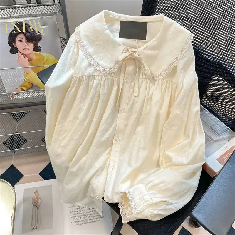 

Japanese Style Cute Peter Pan Collar Shirt Women Sweet Lace Up Bow Long Sleeved Blouses Woman All-Match Loose Buttons Shirts Y2k