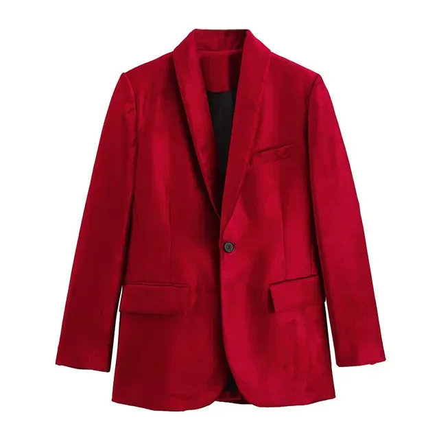 

New Spring Fashion Women Blazers Red Turn Down Collar Long Sleeves Pockets Decorate Single Button Female Chic Jacket Coats