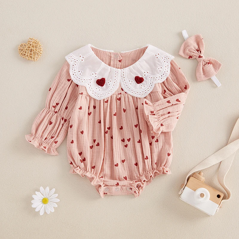 Baby Girl Valentine s Day Romper Heart Lace Doll Collar Long Sleeve Jumpsuit Headband Adorable Outfits