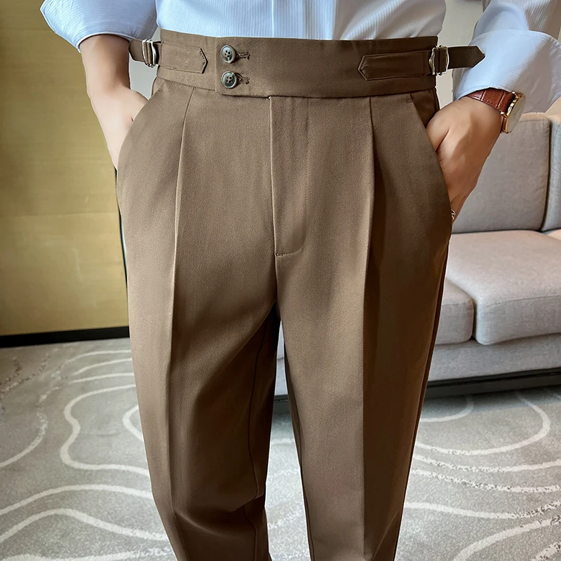 High Quality Neapolitan Mens Suit Pants, Slim Fit Casual Trousers, Blue Vintage High Waist Dress Pants Men ，pantalon Homme Luxe