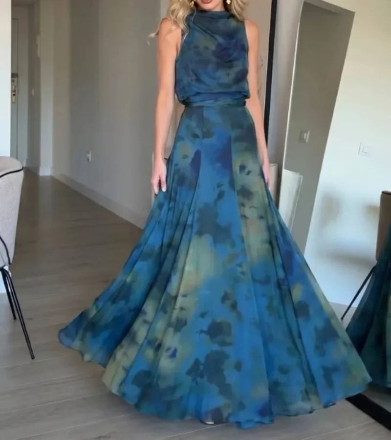 Elegant Blue Ombre Tie-dye Printed Off Shoulder Maxi Dress Satin Cowl Neck Tie Draped Dresses Party Wedding Luxury Evening Gowns