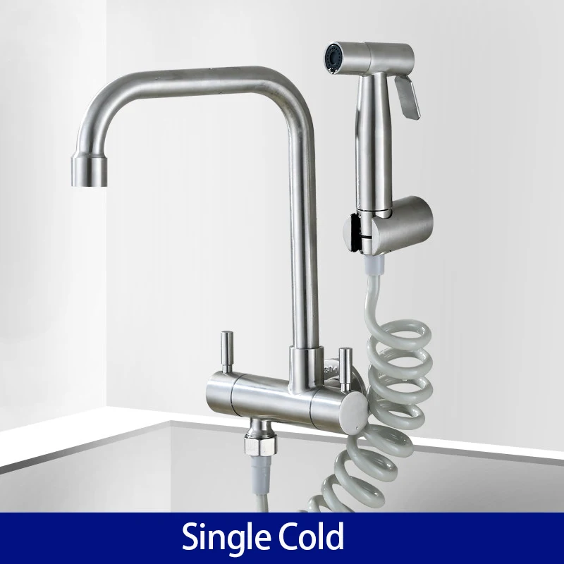 Stainless Steel Kitchen Faucet Double Handle Wall Mounted Sink Tap Cold Water Tap with Handheld Sprayer Bidet Nozzle for Balcony
