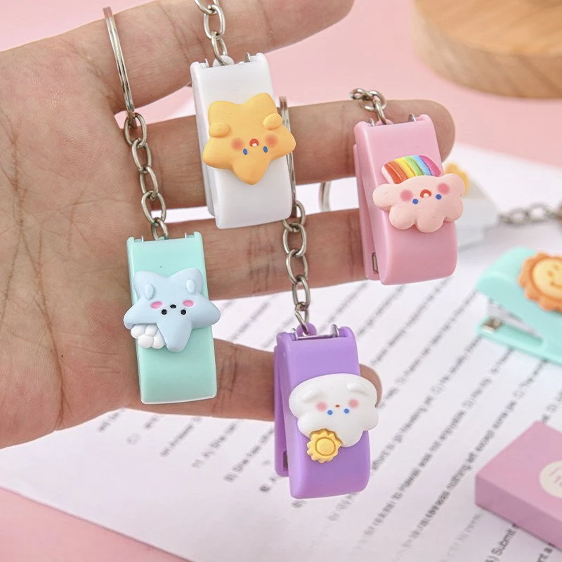 2pcs Portable Cartoon Mini Stapler Set with Staples Keychain for Office and School Use No.10 Mini Stapler