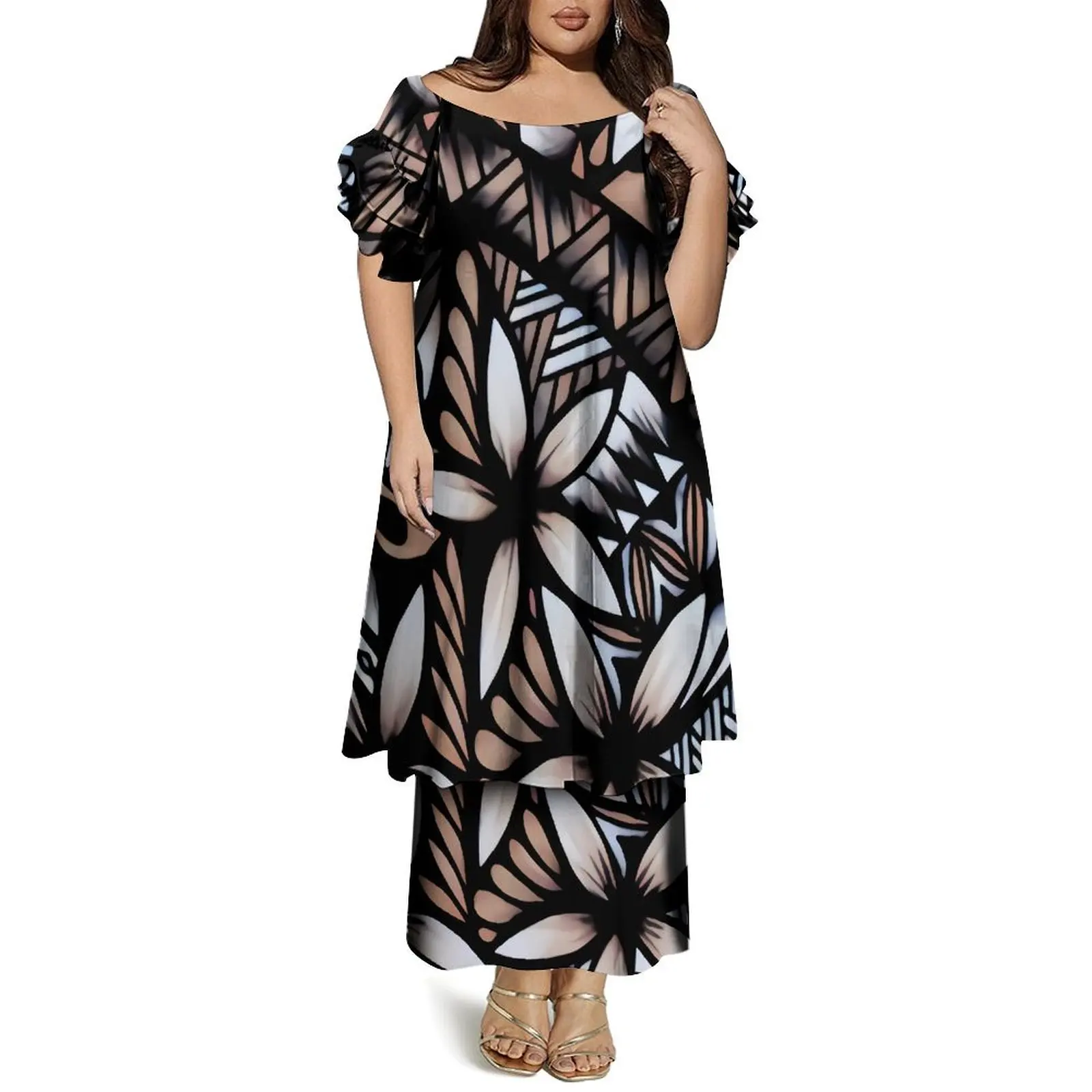 New Polynesian Tribal Design Hawaiian Dress Mumu Elastic Crew Neck Puff Sleeve Loose Casual Dresses Custom Plus Size Women Dress