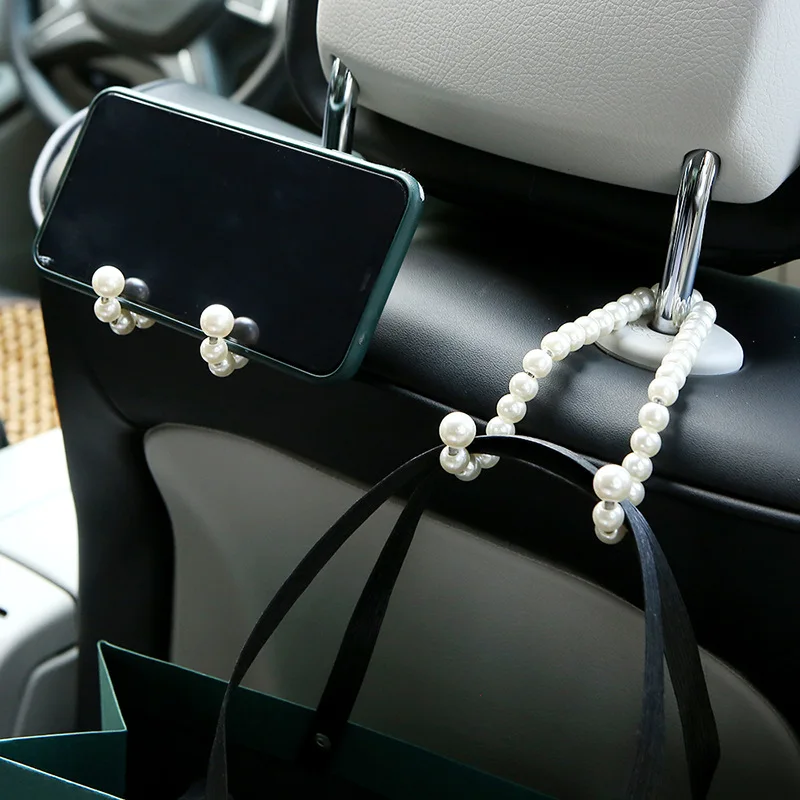 2pcs Car Rear Seat Hook White Pearl Hanger Hook Half Open Design Auto Hook Stainless Steel Seat Headrest Hooks Car Accessorie