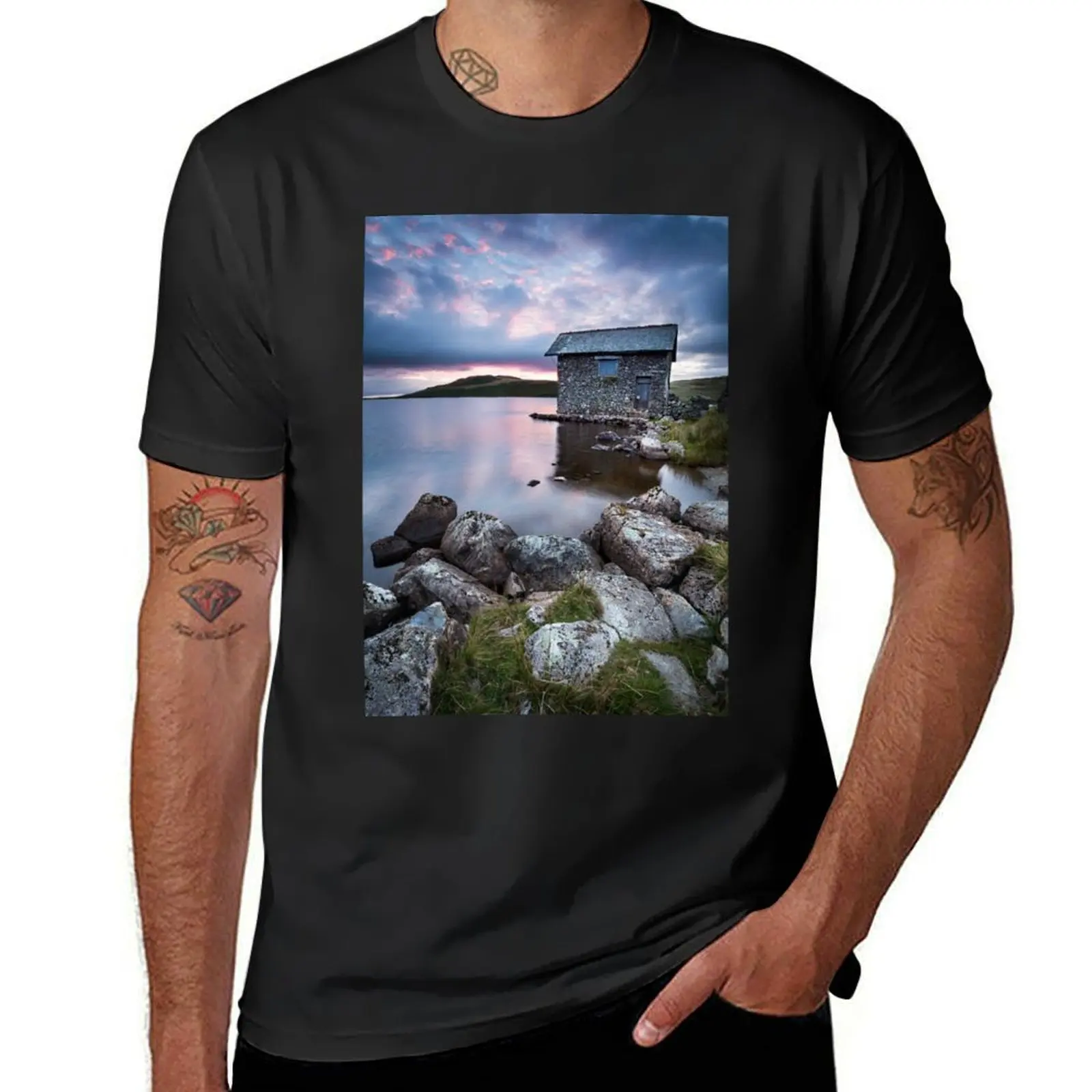 Summer sunset over the Old Boathouse at Devoke Water, Lake District. T-Shirt quick drying hippie clothes mens t shirts