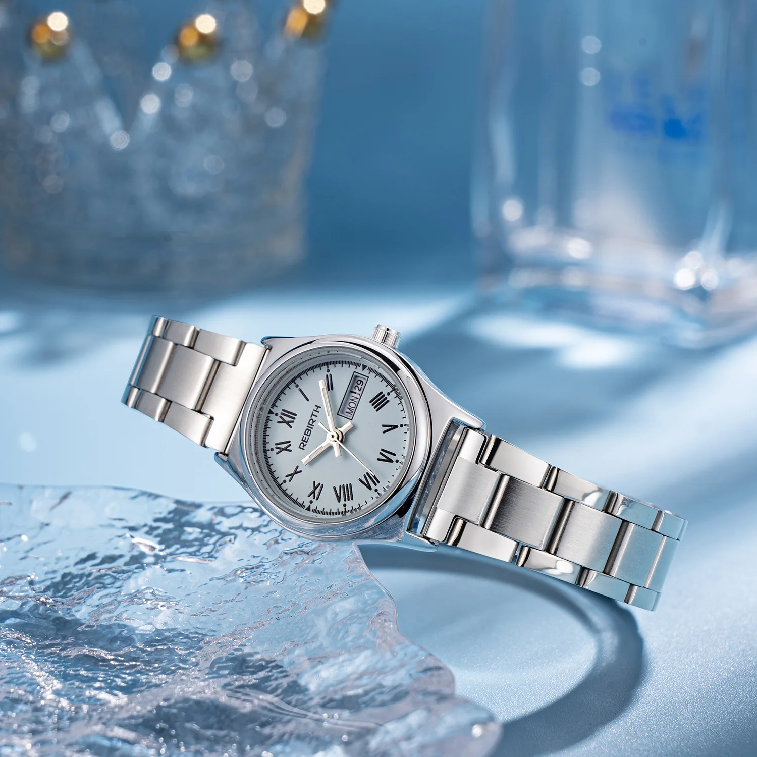 ساعة بسوار فولاذية بسيطة للنساء ، علامة تجارية ولادة جديدة ، أزياء شخصية ، تاريخ اليوم ، ساعة نسائية
