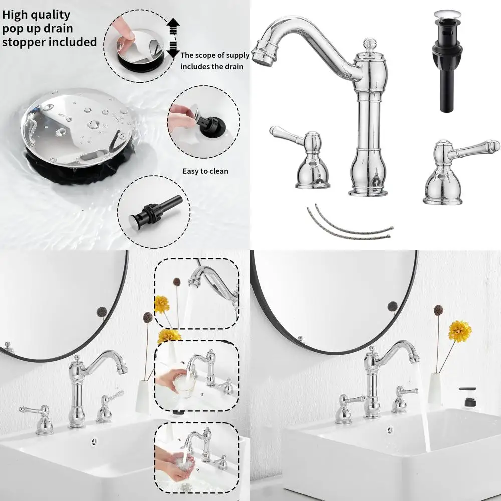 

Polished Chrome Widespread Bathroom Sink Faucet with 2 Handles, 3 Holes, Mixer Tap, Hose & Pop-Up Drain Included
