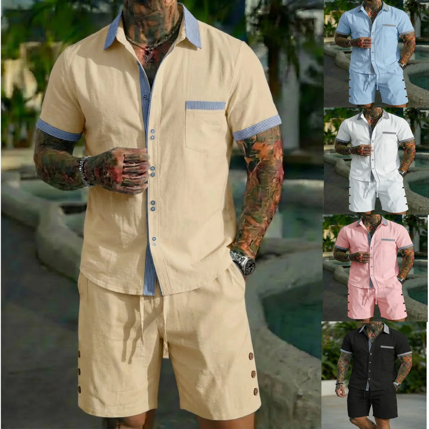 

Summer men's new striped patchwork set, simple and casual, loose and lightweight, breathable, a two-piece set for vacation.