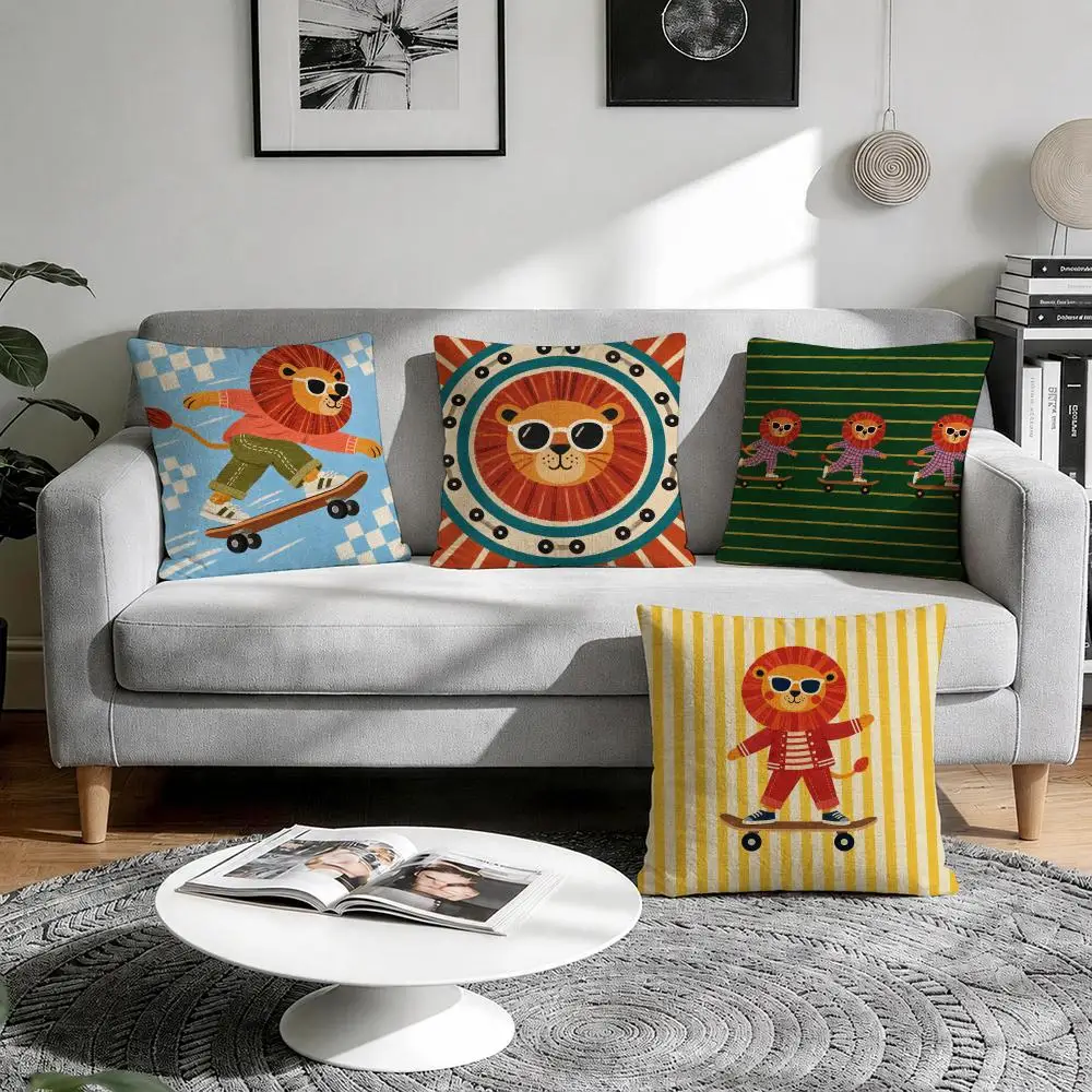 Skateboard Lion Cushion Cover 1/4Pcs Linen Throw Pillow Covers Double-Side Print Sofa Couch Living Room Decor