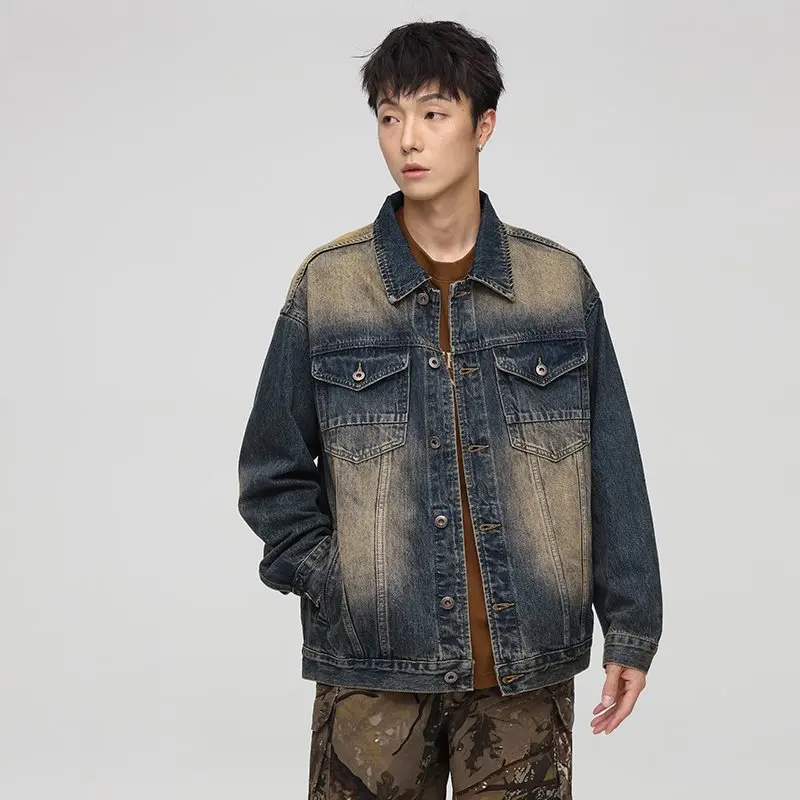 Streetwear Jeansjacke mit Farbverlauf für Herren, Baggy Distressed Faded Denim Jacken, Oversized Casual Outfits, Oberbekleidung im Vintage-Stil – Detail 5