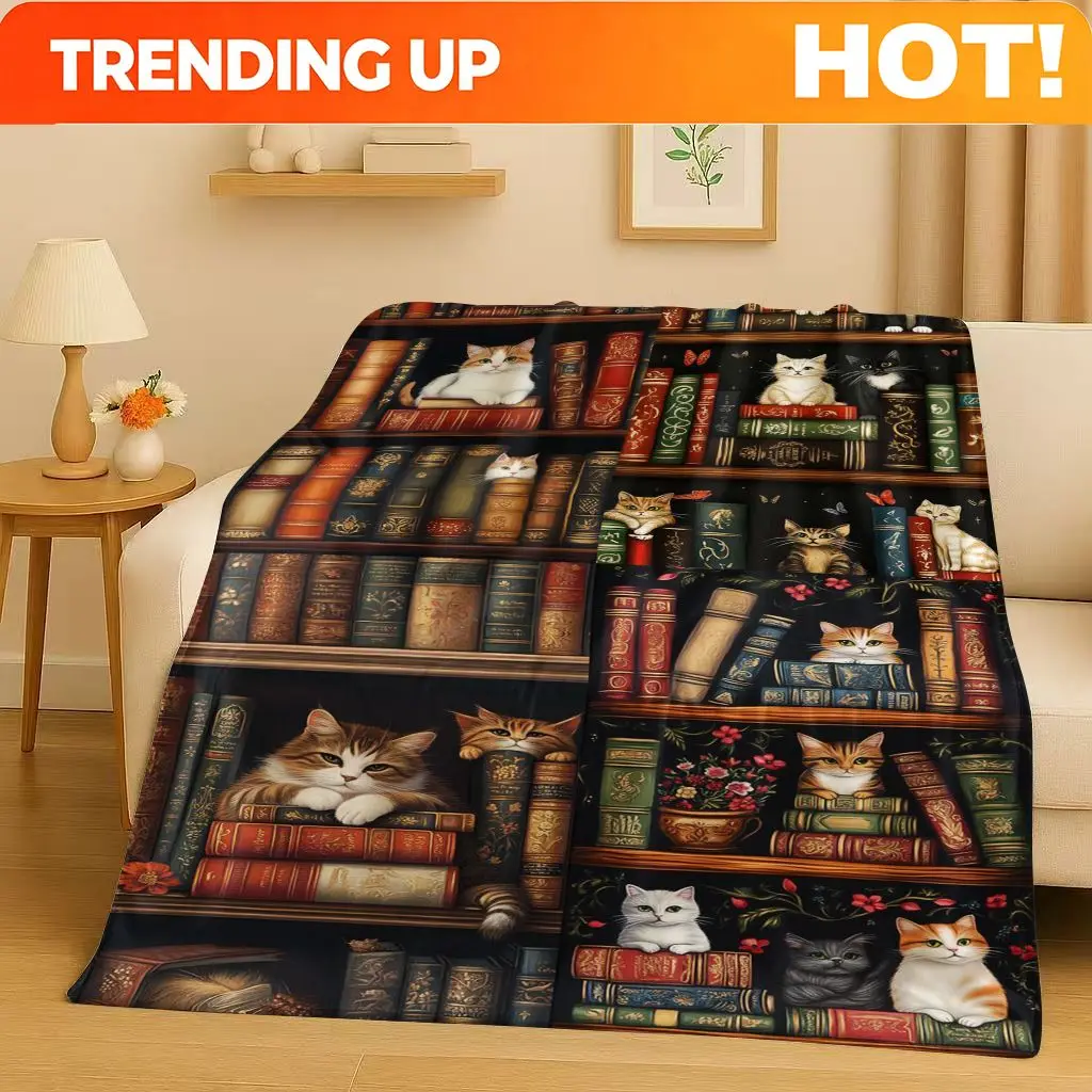 Customize HD Retro Magic Book Library Bookshelf Flannel Blanket,Ultra Soft Warm Plush Throw for Home Bedroom Bed Sofa Cover Offi