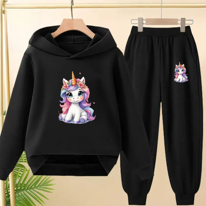 

3-12 Age 2 Piece Boy Girl Fashion Leisure Children Outerwear Unicorn Hoodie+Trousers Pullover Hooded Autumn Winter Sportswear