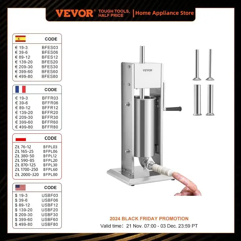 VEVOR 3 5 7 L Manual Sausage Stuffer Stainless Steel Making Sausage Vertical Maker with 4 Filling Funnels for Home Commercia Use