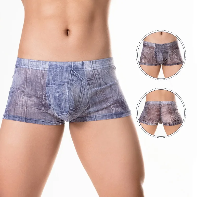 

2024 Denim Print Mens Soft High Elasticity Boxers Hombre Sexy Low Waist Male Flat Shorts U Convex Pouch Underwear Lightweight