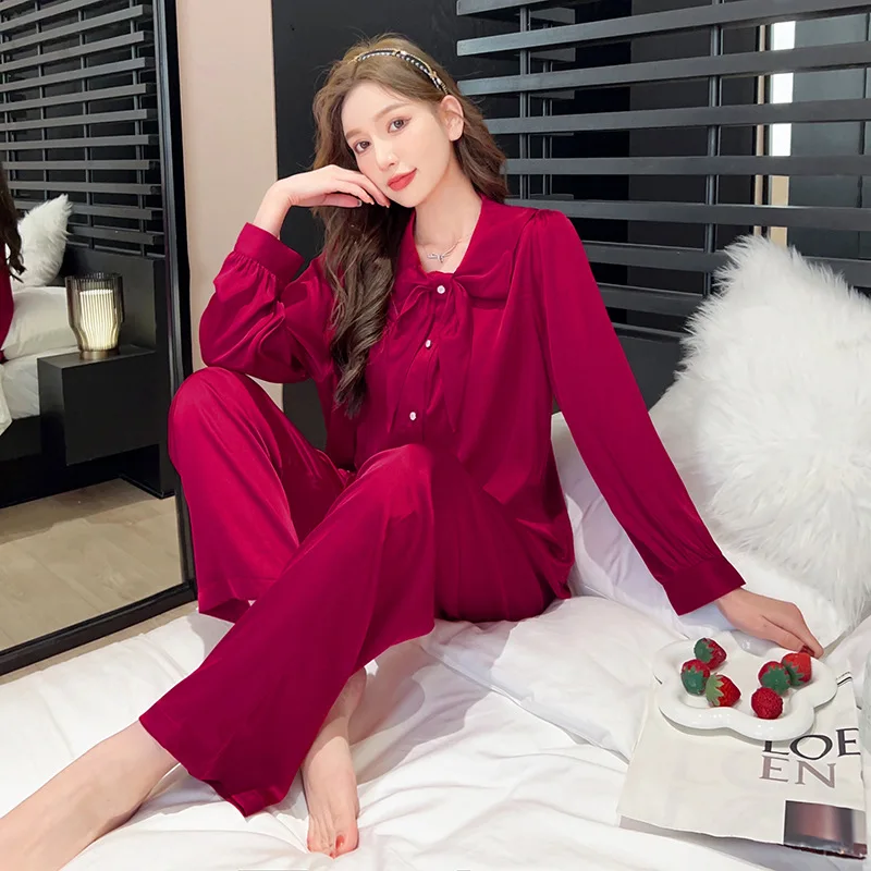 

Spring Pajamas Suit Long Sleeve Shirt&pants 2Pcs Pyjamas Lingerie Women Sleepwear Home Clothes Female Rayon Nightwear
