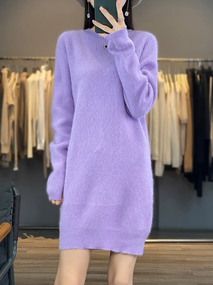 Alisemea-Vestido 100% Mink Cashmere de malha feminino, suéter com o pescoço, vestidos femininos, saltadores estilo longo, primavera, inverno, outono, venda quente