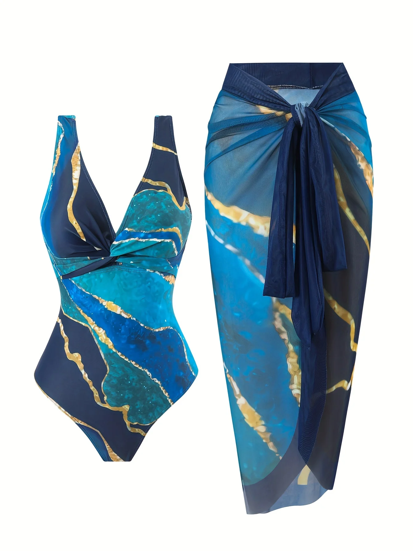 [High Stretch] Maillots de bain 2 pièces imprimé marbre – Col en V une pièce hautement extensible et jupe pare-soleil de couverture – Maillots de bain pour femmes