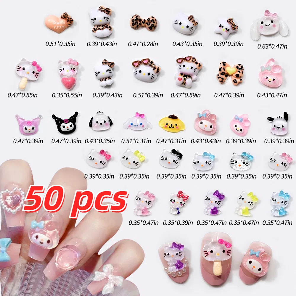 50 Pcs 3D Resin Cute Sanrio Hello Kitty Nail Art DIY Jewelry Kawaii Leopard KT Cartoon Flat Back Nail Charms Girls Kids Toy Gift