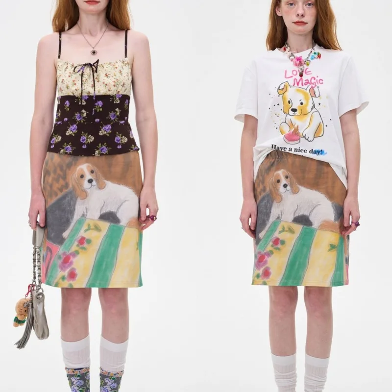 Camiseta de media falda con estampado de perro dibujado a mano para mujer, Top de verano con grafiti de América y Japón, vestido de línea a DE ALTA espera, 2024