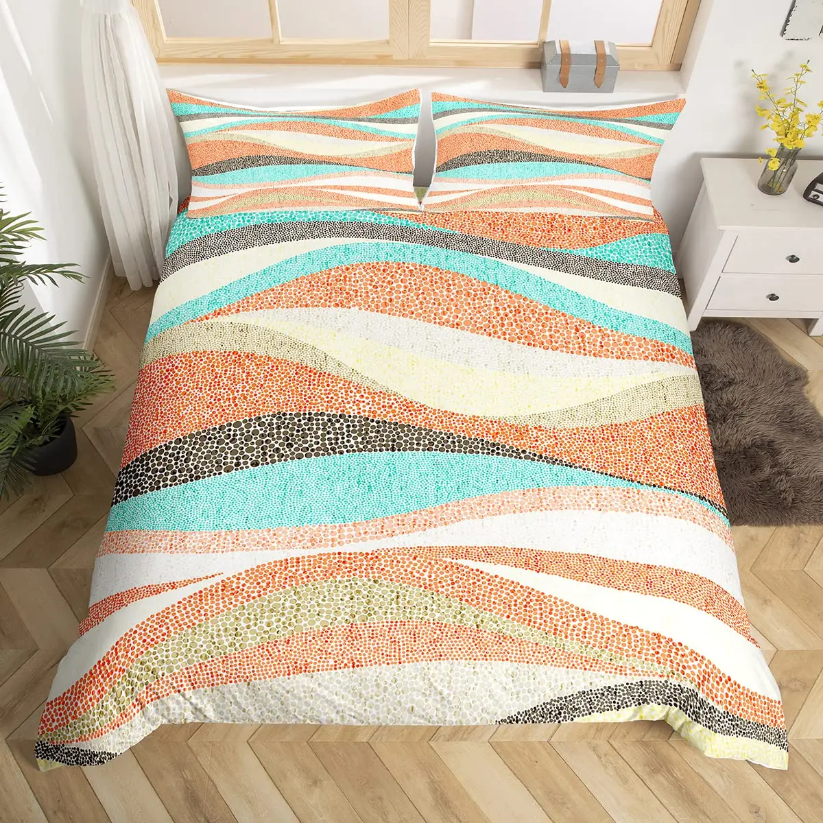 

Abstract Sea Bed Set Marine Wave Duvet Cover, Bedding Set Twin Comforter Cover, Coastal Beach Theme Bed Cover 3pcs, Orange Teal