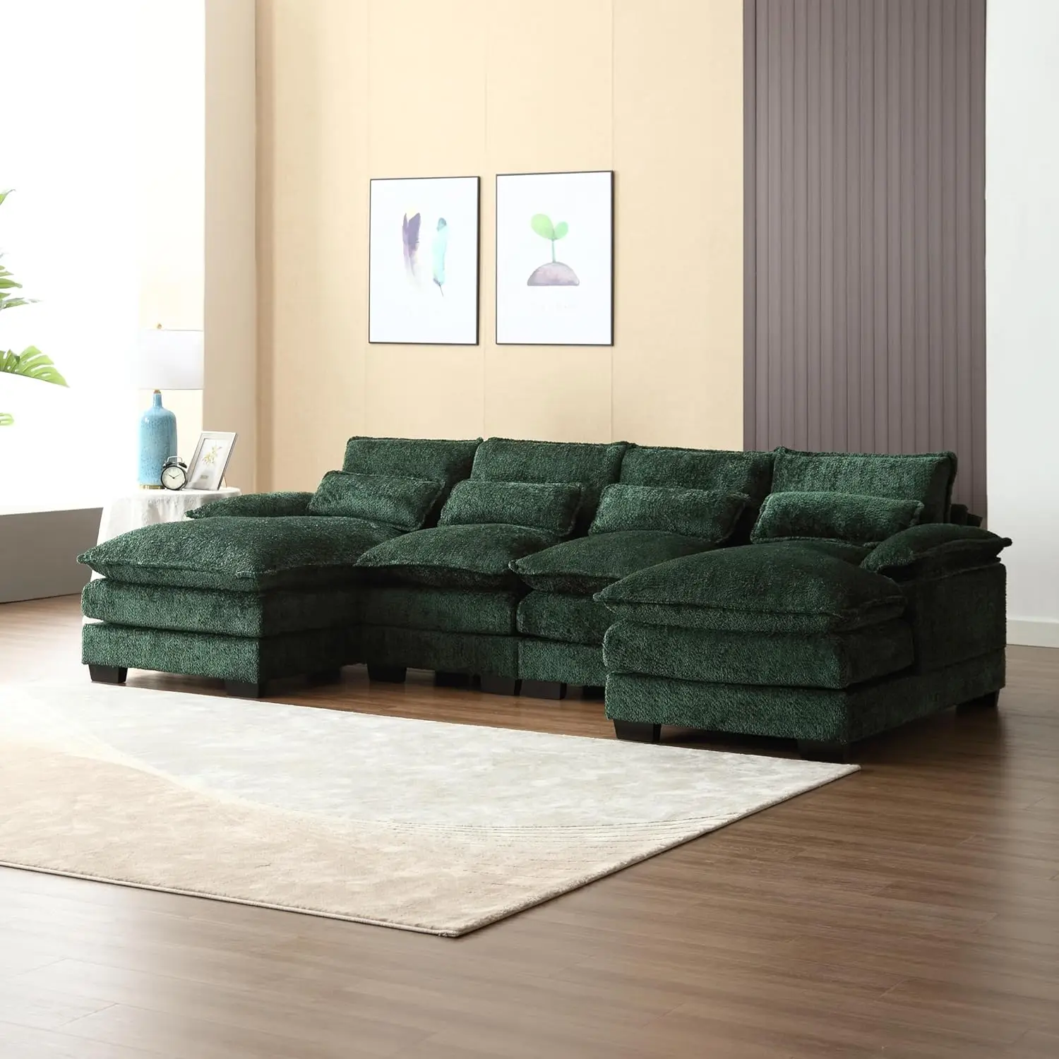 

U-Shaped Corner Convertible Modular Sectional Sofa Couch W/ 2 Chaises and 4 Pillows, Chenille Upholstery Double Cushions