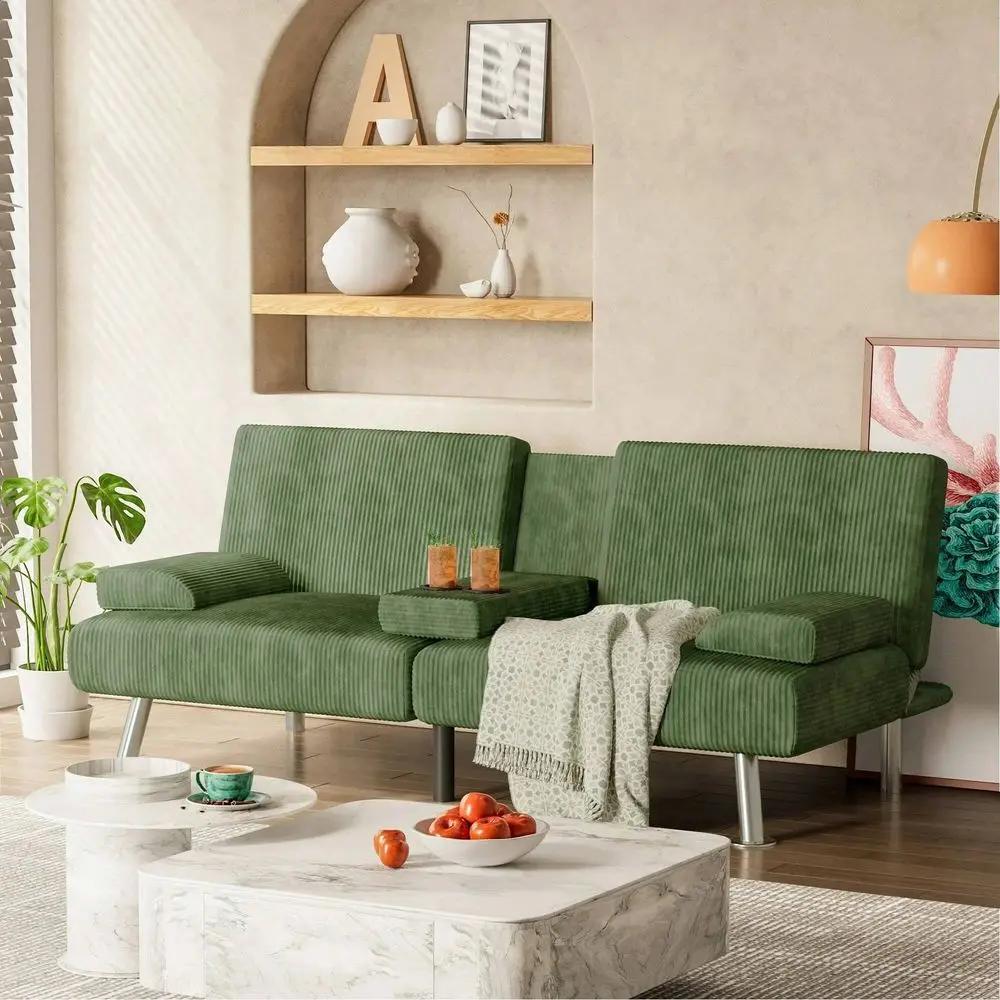 Faux Leather Futon Sofa Bed For Living Room Convertible Folding Adjustable Recliner With 2 Cup Holders